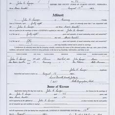 Marriage record of John Lampe and Maria Rehme Carsten, in West Point, Nebraska