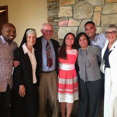 From left to right: Cornelle, Sister Anne, Judge Tom, TJ, Malou, Robbie, Miss Mary