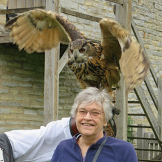 With owl at Mary Arden's farm Strattford-upon-Avon