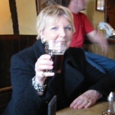 Marion at The Kings Head in Woodbridge having a pint