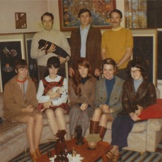 Sandoz cousins and spouses- 1st. row- Marjie, Joan, Marian, Ardith and Bea. 2nd row- Jamie, Rod and Jerry. At Uncle Louie and Mary's house in Newberg. 1972