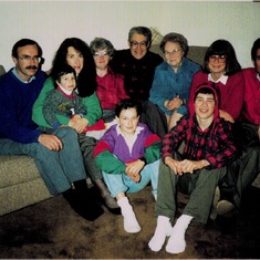 Last all family photo with my mother- Winnie Sandoz. In front - Drew Evensen, Derek Sandoz - back- Clint Evensen, Matt Evensen. Marian Sandoz Evensen, Bea Sandoz, Carl Sandoz, Winnie Sandoz, Marjie and Rod Sandoz.  December 1988