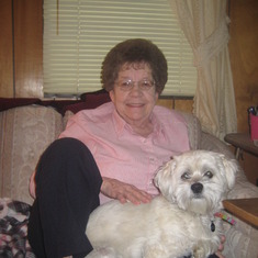 Mom and my dog Mandy.  Mandy loved my mom!!!  Always had to sit on her lap when she sat on the couch.