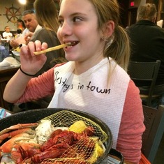 Your great granddaughter loves her Crab legs ... you would be so proud she is a great girl .