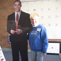 Marolyn with a one-dimensional version of a multi-dimensional president, 2008.