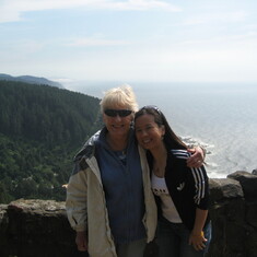 Mom and granddaughter-in-law Ziwei, Miles Crew's wife, atop Cape Perpetua.