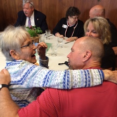 At her 90th birthday party in April 2017, Marolyn — stopping by the "Tarrant" table — was obviously glad to see this guy, though we have no idea who he is!