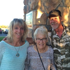 Marolyn with Bob Tarrant's son, Brian, and his wife Cindy after dinner with the couple and son Bob in Bend on her "sentimental journey" to Central Oregon, summer 2016.
