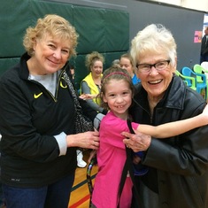 Marolyn with daughter-in-law Sally and great-granddaughter Avin — Ryan and Susan's daughter — after one of Av's basketball games in Eugene.