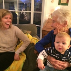 Marolyn, holding great-grandson McCoy, and talking with Molly Petersen, Sally and Bob's niece, at Christmas 2015.