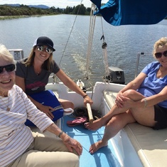 Marolyn with granddaughter-in-law Susan and daughter-in-law Sally, heading down the Fern Ridge channel for our annual "Jungle Cruise," 2018.