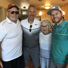 Marolyn with three golf buddies of Bob's, left to right, John Mills, Jay Locey and Bob's son, Jason — after taking her to lunch at Sky High after a round at Trysting Tree.