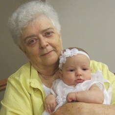 Great Grama Jackie (Marty's Mom) and Camryn, baptism Aug 11, 2012