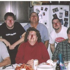 A tradition Marty started!!  Crawdads were his all time favorite!!  Back: Zachary Kloppenborg, Kirby Kloppenborg (Marty's brother), Tyson Cole (son-in-law) Front: Marty, Laurie O'Neill  (Marty's sister) and 
 Donny O'Neill