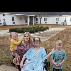 Daughter Johnna and grandkids Daxton and Delilah visiting on Christmas Eve 12/23/23 at Cornerstone Hospita. He was there for Therapy following a sickness in December 12/2023