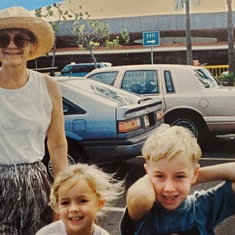 Sarah with grandchildren Stephanie and Ben at Maui airport