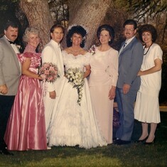 Charlie & Mary Jo's wedding, 1987. Brian, Sandie, Charlie, Mary Jo, Liz, Mike, Marsha