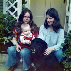 1978, 2, Susan Roberts holding Walden Cox, Linda Cox, Ralph the dog on the terrace 2