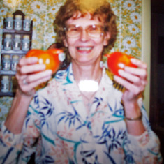 Mary with our weird tomatoes.
