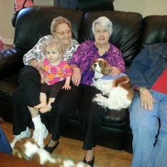 Isabelle with Great Grandmas; Kay, Mary and Celeste !st Birthday