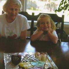 Gma (81) & Addie (5) w Cupcake Ice Cream cake at cottage Aug 28 2009