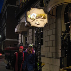 Yoko and Mas in front of Cheers Beacon Hill in Boston.