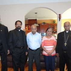 Appapa and Ammachi with Bishop Mar Jacob Angadiath. Fr. Mathew, and Fr. Sebastian.