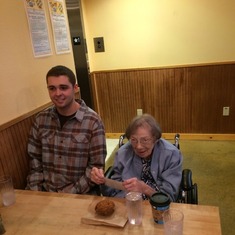 Sam and Grandma enjoying Grandmas favorite things, lattes, bran muffins and photos at Bobs Red Mill.