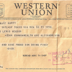 1948 Telegram notifying family of Richards birth
