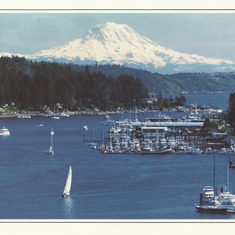 Notecard picture of Gig Harbor. Dusty found, fell in love with and purchased Windarra here in 1989 (see inside note, next photo).