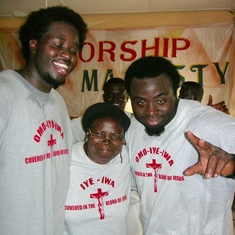 IyeIwa with Timilehin and Babatunde during a worship session. Funmi in the background