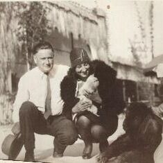 With her father, cousin Thula, movie ape Jiggs and a trick dog at the Selig Zoo in Los Angeles, about 1928.