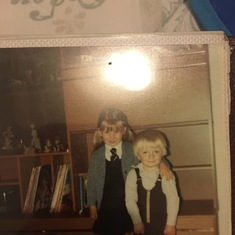 Michael with his big sister Laura. On her first day going to P1 1983
