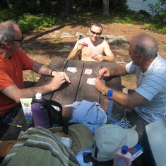 Mike playing cards with brother Dennis and nephew Brian on Little Burgess Island, Lake George.