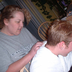 Shell cutting Josh's hair