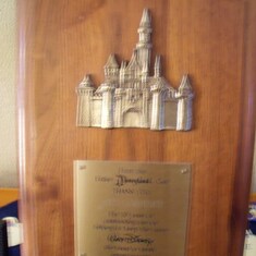 Memorial for ML, I am sorry that this picture came out blurred but, this is Mike's 10 years of service plaque from Disneyland.