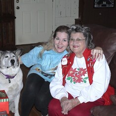 Mom Milly with her granddaughter Bonsai the Akita and daughter Denise - Christmas 2006