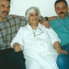 Granny, Uncle Mark and Dad having a laugh; both chaps going through their extended Freddie Mercury phase.