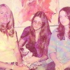 Early 1970's - the house in Edgemont, Barbara and Cathryn, our dog Molly, and one of mom's paintings