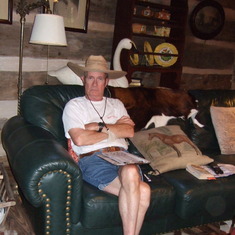Senor Nap & his crossword puzzle at Fredricksburg, TX Log Cabin Rented 2011