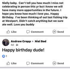 Birthday wishes from Uncle Rocky and friends on Niel's Facebook page for his second Heavenly Birthday!