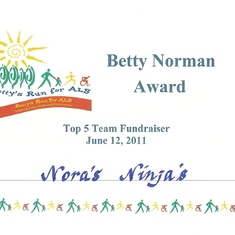 Nora's Ninja Team award at Betty's Run 2011