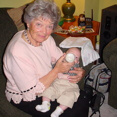 Olive with Brenden (great-grandson) Brenden in 2002