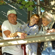 Up in the treehouse with grandson Tony and great grandson Spencer