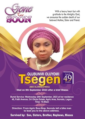 Olubunmi Oluyomi TSEGEN Nee OLOWOFOYEKU