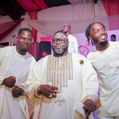 Dr. Femi with brother-in-law, Bishop Bob Alonge (middle), and nephew, Sowa Alonge (right), during his mother-in-law’s funeral reception. March 2023