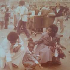 Aunty Funmilayo, Funke and uncle Muyiwa Ogunkeye at Trafalgar Square 1977