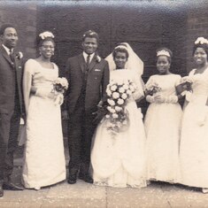 Mr and Mrs Adu with bridal train. Bestman Mr. Herbert Obilana (extreme right) Ms Ibidun Allison (Right of Mrs Adu) Chief bridesmaid