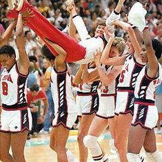 The 1988 US Olympic women's basketball team carries off Pat Summitt as they won their first-ever gold medal, and her assistant was Kay Yow.