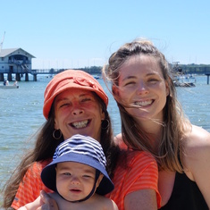 Laurie, Emma, and great-grandson Joaquin at the beach